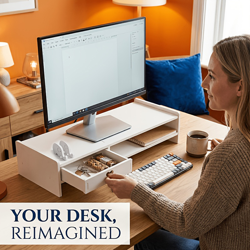 Desk Setup Home Office - Penyangga Monitor PVC Putih Minimalis dengan