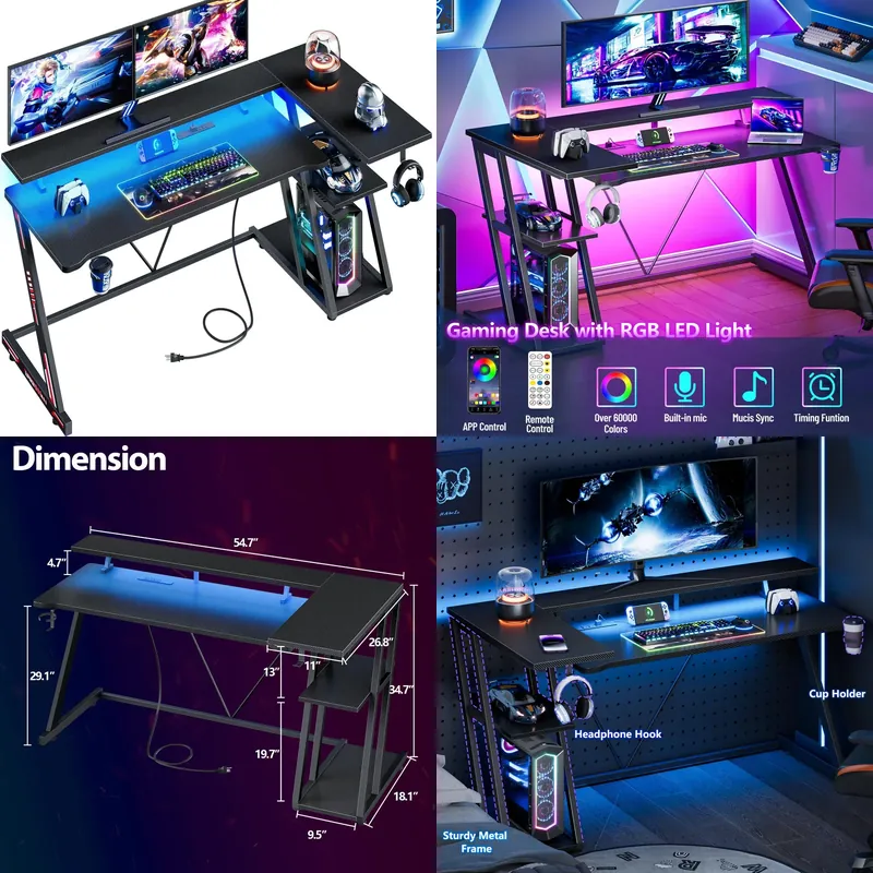 Desk Setup Black And Wood - Meja Gaming Bentuk L Serat Karbon