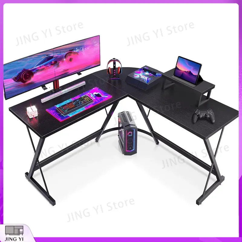 Desk Setup Black And Wood - Meja Gaming Bentuk L dengan Dudukan