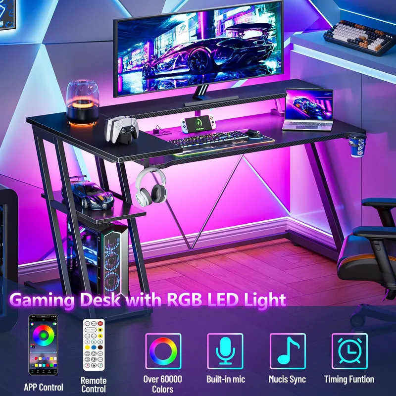 Meja Gaming Bentuk L Serat Kar - Desk Setup Black And Wood ulasan dan harga