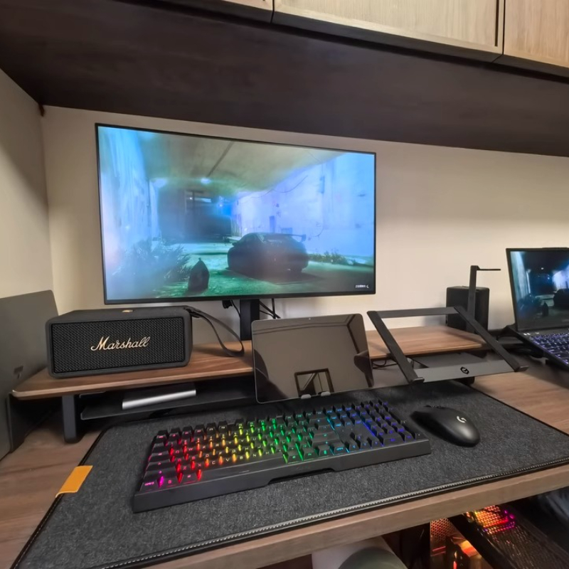 Stand Monitor Modular Ergonomi - Desk Setup Black And Wood ulasan dan harga